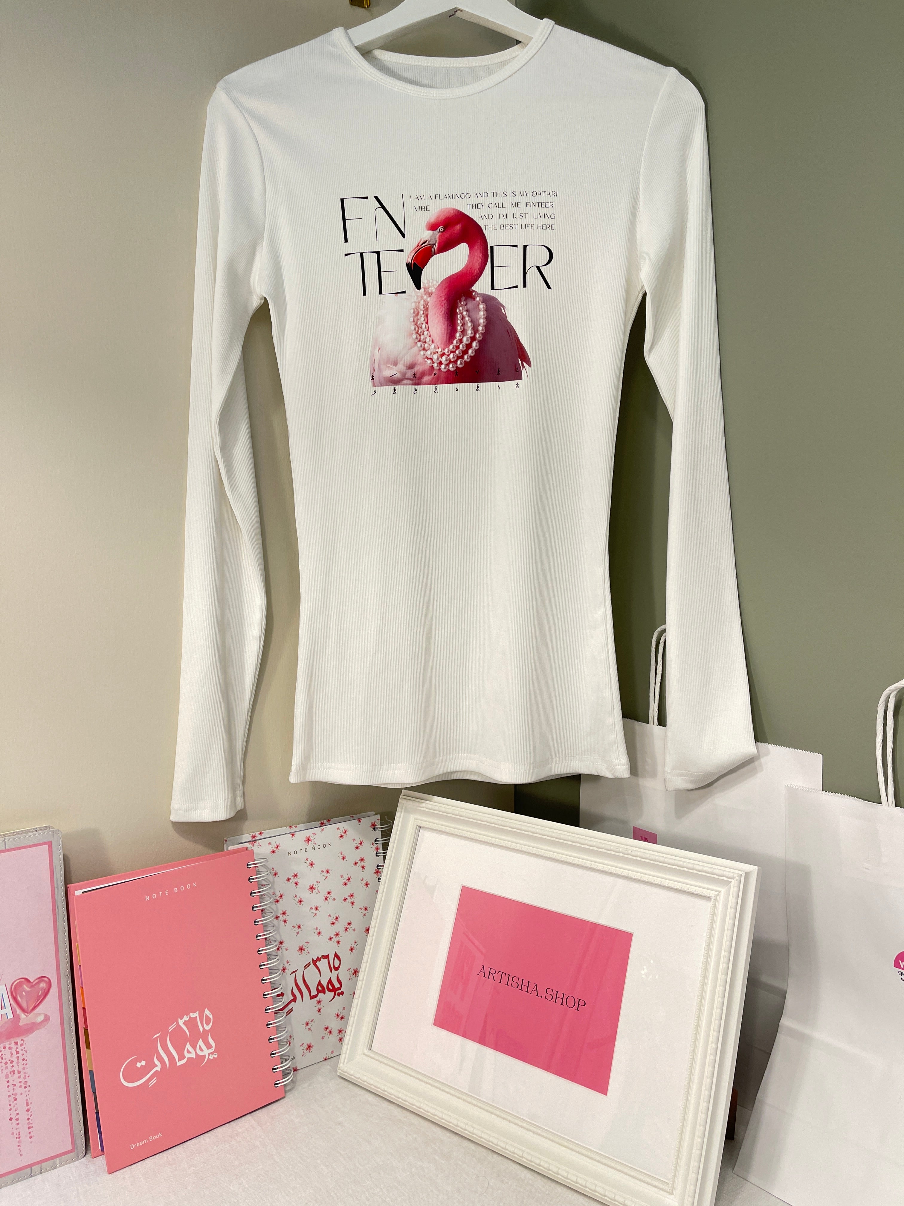 Qatari Flamingo - White Long Sleeve